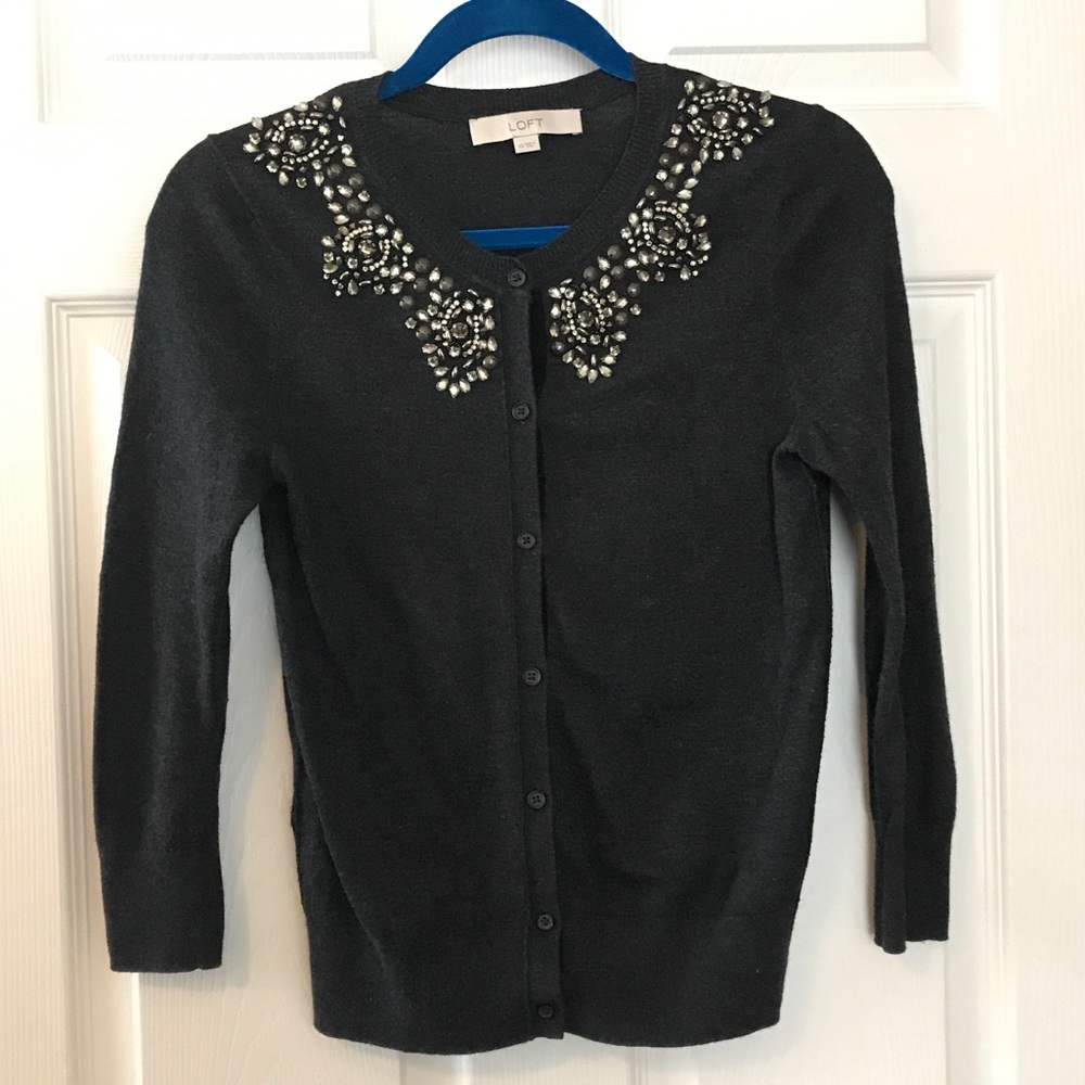 🍁 5/$25 Ann Taylor LOFT Gray Embellished Cardigan